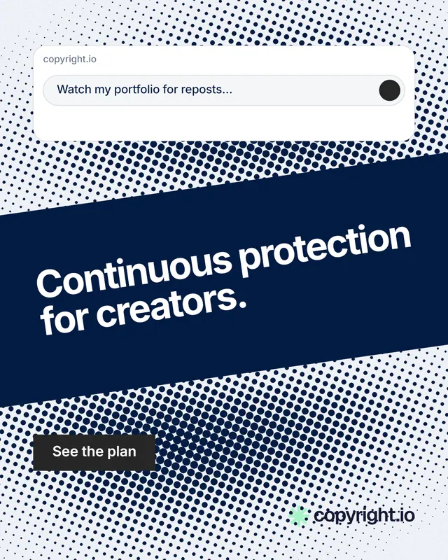 Instagram portrait post for copyright.io: "Continuous protection for creators." Swiss style, diagonal layout, light palette in blue, white, grey.