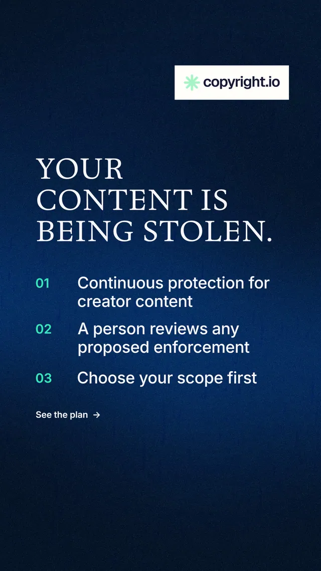 Instagram story for copyright.io: "Your content is being stolen." Minimal luxury style, numbered layout, dark palette in black, blue.
