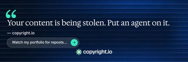 X header for copyright.io: "See the plan first." Agentic glass style, quote layout, dark palette in blue, black.