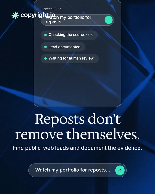 Instagram portrait post for copyright.io: "Reposts don't remove themselves." Agentic glass style, skeleton layout, dark palette in black, blue.