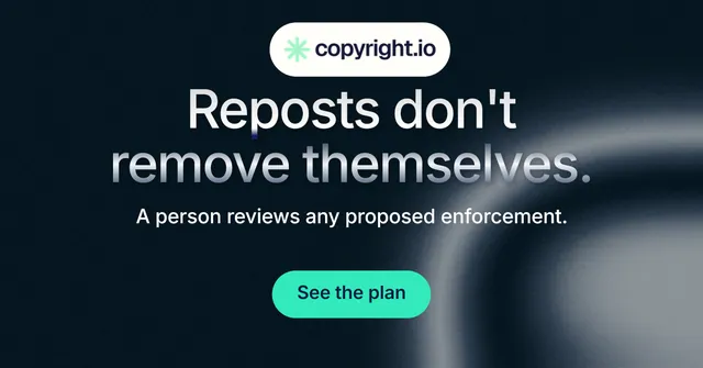 Social ad for copyright.io: "Reposts don't remove themselves." Y2K style, centred layout, dark palette in black, grey, blue.