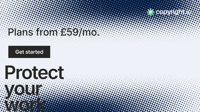 Landscape graphic for copyright.io: "Put an agent on it." Split block style, oversized layout, light palette in grey, blue, white.