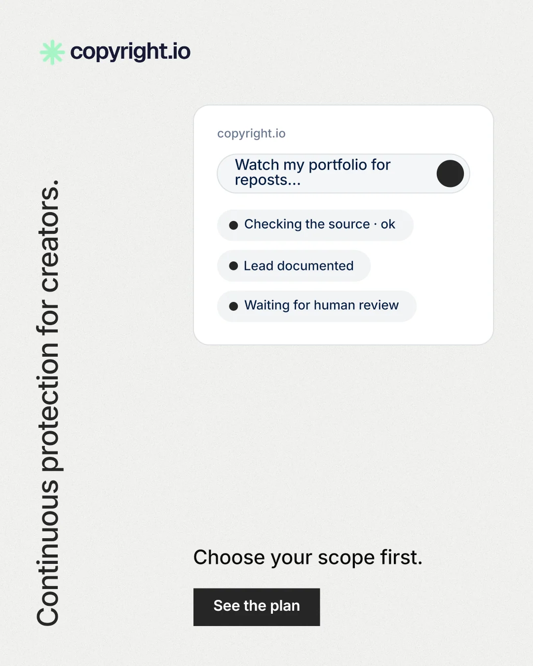 Instagram portrait post for copyright.io: "Continuous protection for creators." Swiss style, vertical layout, light palette in white.