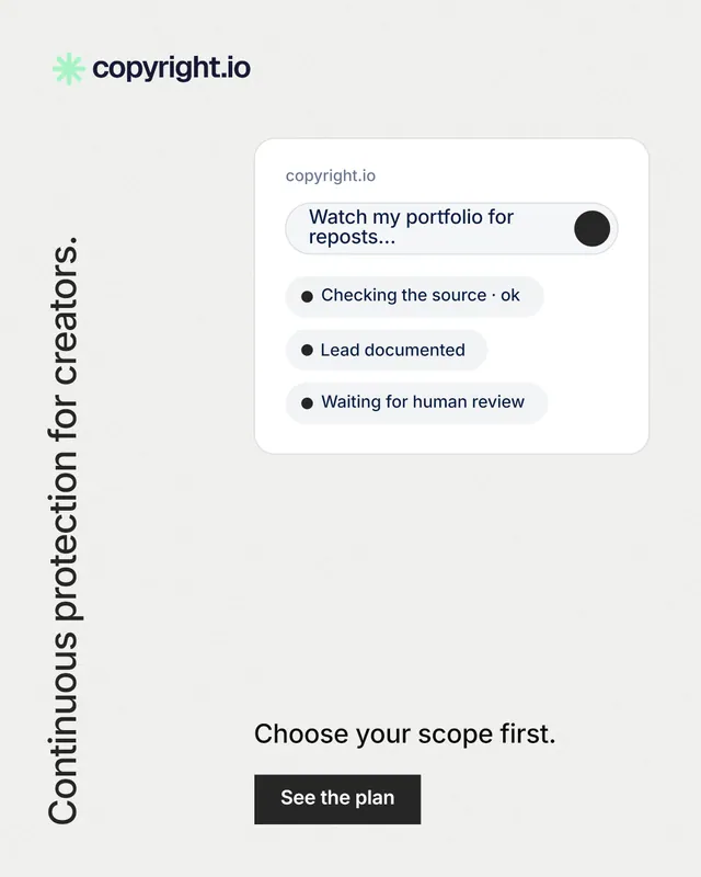 Instagram portrait post for copyright.io: "Continuous protection for creators." Swiss style, vertical layout, light palette in white.