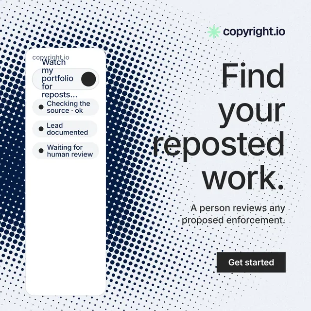 Instagram post for copyright.io: "Find your reposted work." Retro print style, right layout, light palette in white, grey.