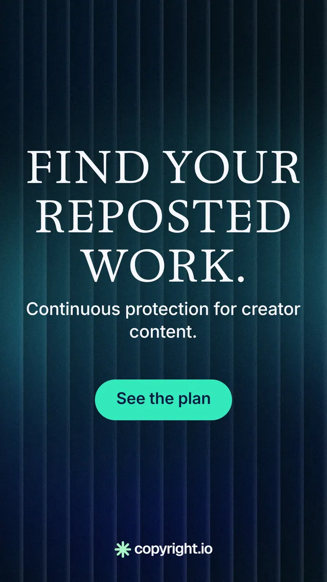 Instagram story for copyright.io: "Find your reposted work." Agentic glass style, skeleton layout, dark palette in blue, black, teal.