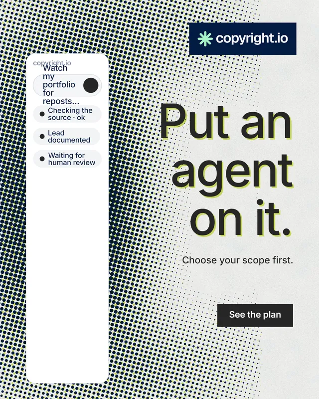 Instagram portrait post for copyright.io: "Put an agent on it." Retro print style, right layout, light palette in grey, white.
