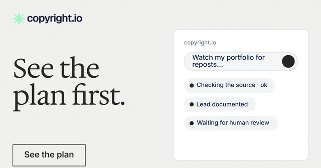Social ad for copyright.io: "See the plan first." Editorial style, bottom layout, light palette in white.