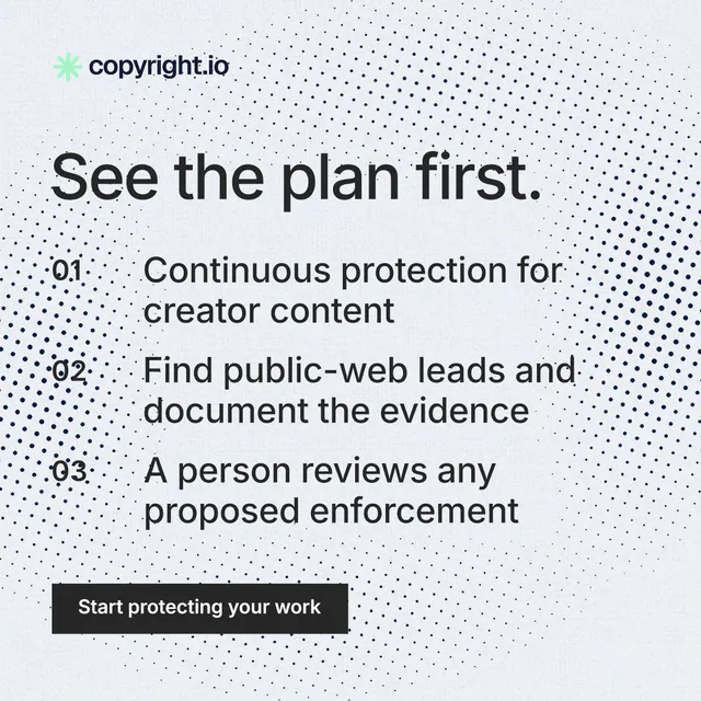 Instagram post for copyright.io: "See the plan first." Swiss style, numbered layout, light palette in blue, white, grey.