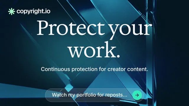 Landscape graphic for copyright.io: "Protect your work." Agentic glass style, centred layout, dark palette in blue, black.