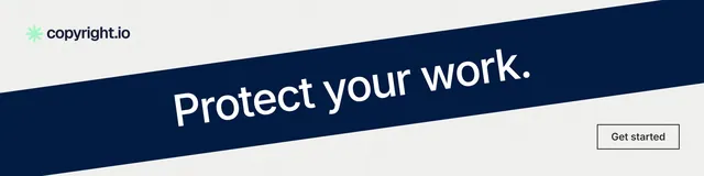 LinkedIn banner for copyright.io: "Protect your work." Editorial style, diagonal layout, light palette in white, blue.