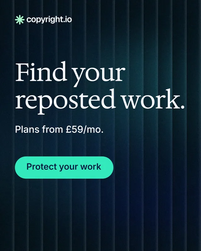 Instagram portrait post for copyright.io: "Find your reposted work." Agentic glass style, skeleton layout, dark palette in black, blue, teal.