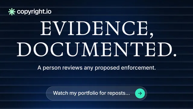 Landscape graphic for copyright.io: "Evidence, documented." Agentic glass style, centred layout, dark palette in black, blue, grey.