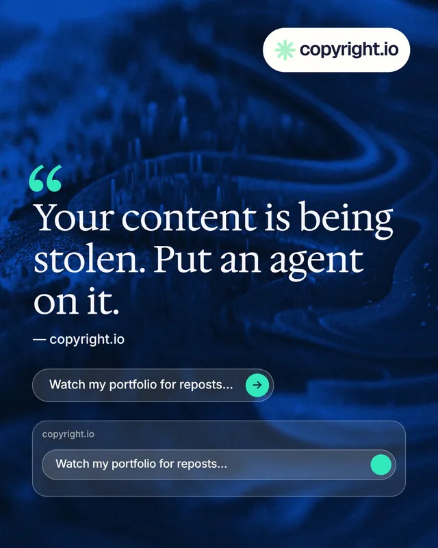 Instagram portrait post for copyright.io: "Continuous protection for creators." Agentic glass style, quote layout, dark palette in blue, black, grey.