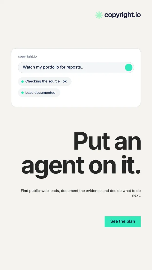 Instagram story for copyright.io: "Put an agent on it." Swiss style, right layout, light palette in white, grey.