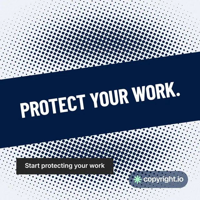 Instagram post for copyright.io: "Protect your work." Retro print style, diagonal layout, light palette in blue, grey.