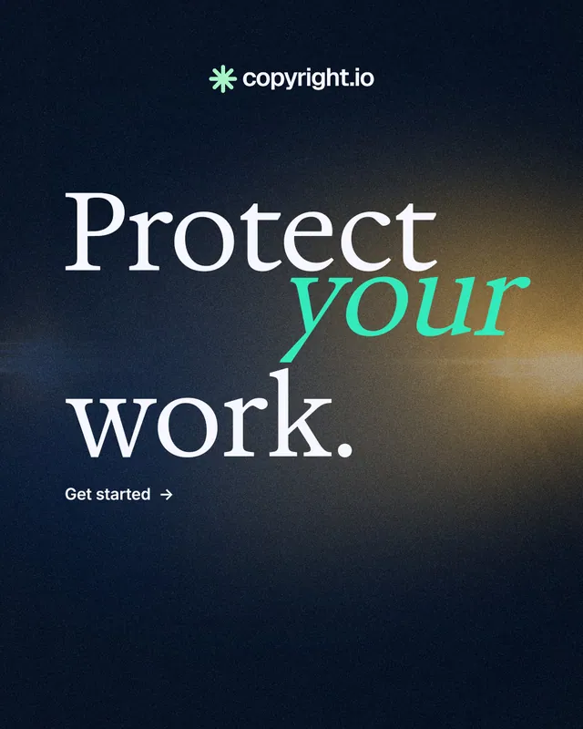 Instagram portrait post for copyright.io: "Protect your work." Minimal luxury style, stacked layout, dark palette in blue, black, grey.