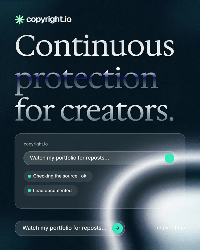 Instagram portrait post for copyright.io: "Continuous protection for creators." Agentic glass style, poster layout, dark palette in blue, black, grey.