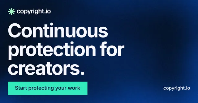 Social ad for copyright.io: "Continuous protection for creators." Swiss style, poster layout, dark palette in blue, black, teal.