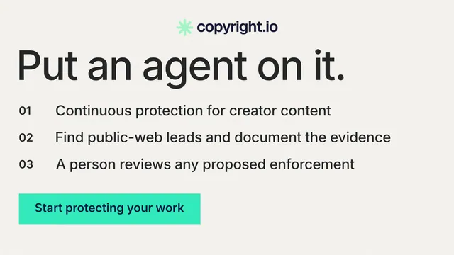 Landscape graphic for copyright.io: "Put an agent on it." Swiss style, numbered layout, light palette in white, teal.
