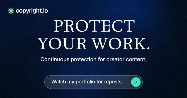 Social ad for copyright.io: "Protect your work." Agentic glass style, centred layout, dark palette in blue, black.
