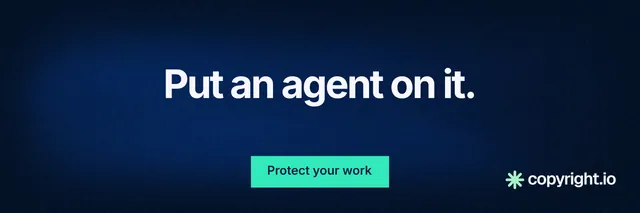 X header for copyright.io: "Put an agent on it." Swiss style, centred layout, dark palette in blue, black.