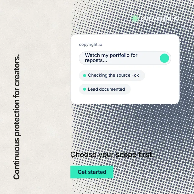 Instagram post for copyright.io: "Continuous protection for creators." Swiss style, vertical layout, light palette in grey, white.