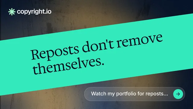 Landscape graphic for copyright.io: "Reposts don't remove themselves." Agentic glass style, diagonal layout, light palette in teal, grey, black.