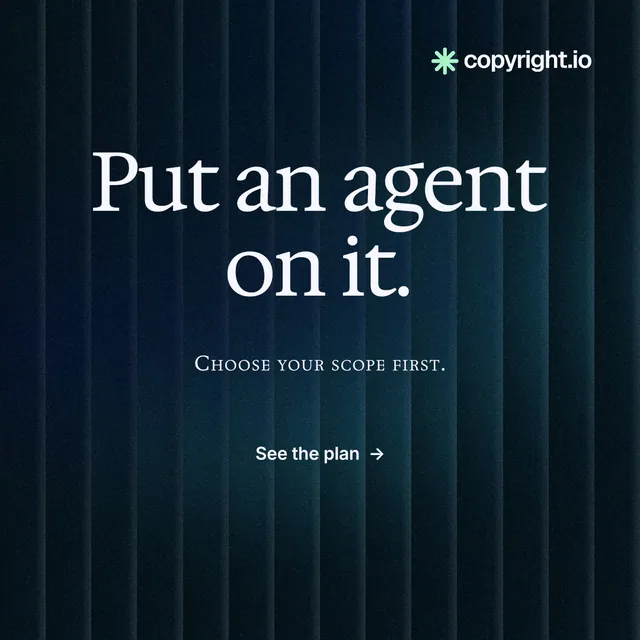 Instagram post for copyright.io: "Put an agent on it." Agentic glass style, smallcaps layout, dark palette in black, blue.