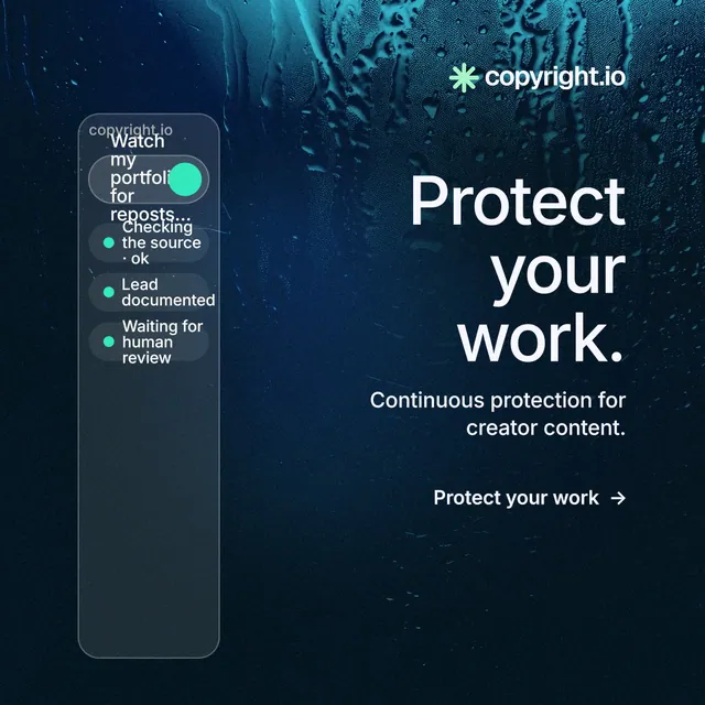 Instagram post for copyright.io: "Protect your work." Minimal luxury style, right layout, dark palette in blue, black.