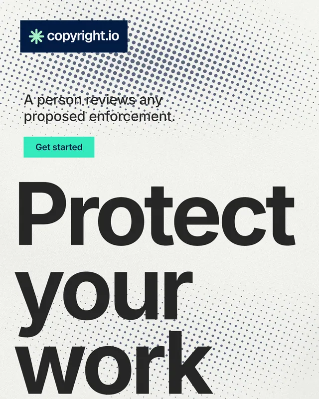 Instagram portrait post for copyright.io: "Protect your work." Swiss style, oversized layout, light palette in white, grey.