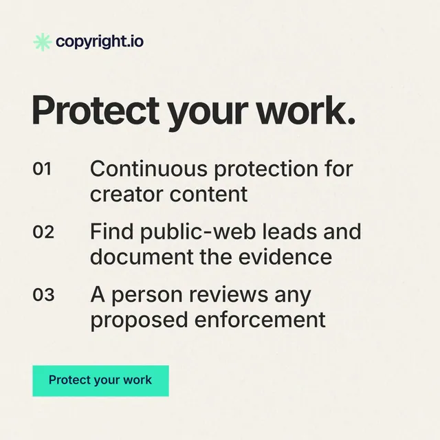 Instagram post for copyright.io: "Protect your work." Swiss style, numbered layout, light palette in white, grey.