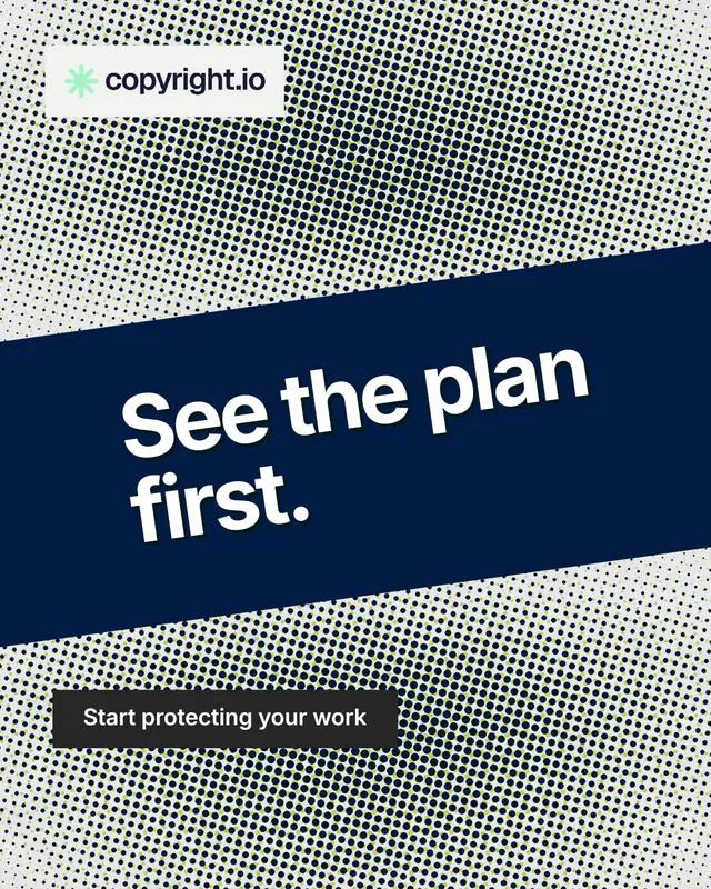 Instagram portrait post for copyright.io: "See the plan first." Swiss style, diagonal layout, light palette in grey, blue.
