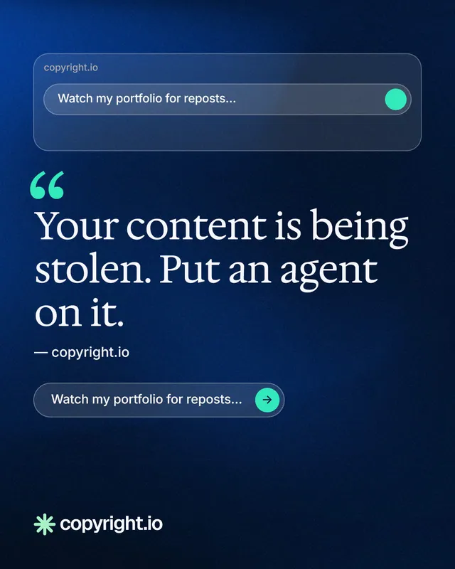 Instagram portrait post for copyright.io: "Find your reposted work." Agentic glass style, quote layout, dark palette in blue, black.