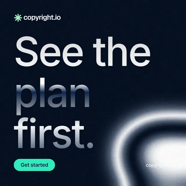 Instagram post for copyright.io: "See the plan first." Y2K style, poster layout, dark palette in black, grey, blue.