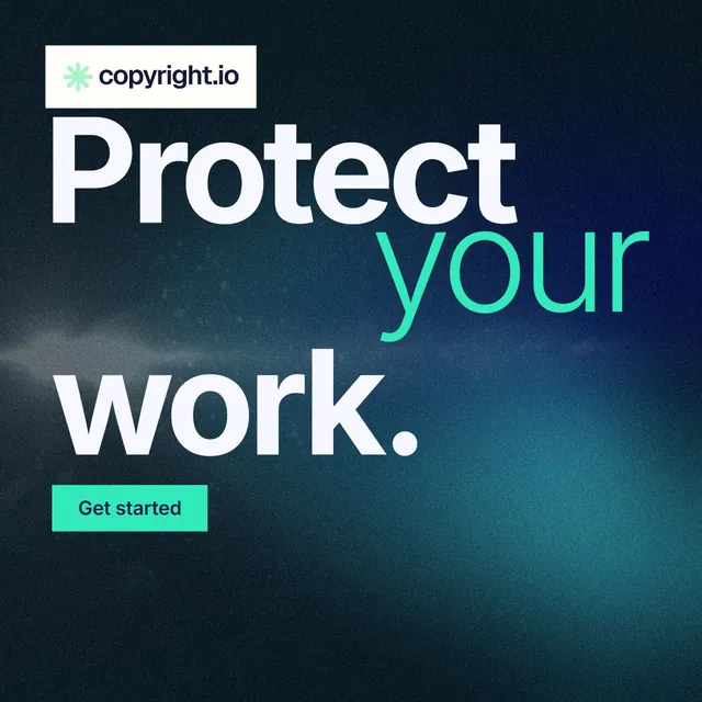 Instagram post for copyright.io: "Protect your work." Swiss style, stacked layout, dark palette in blue, black, teal.