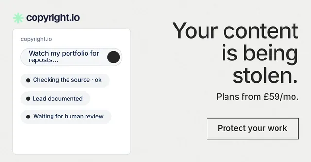 Social ad for copyright.io: "Your content is being stolen." Editorial style, right layout, light palette in white, grey.