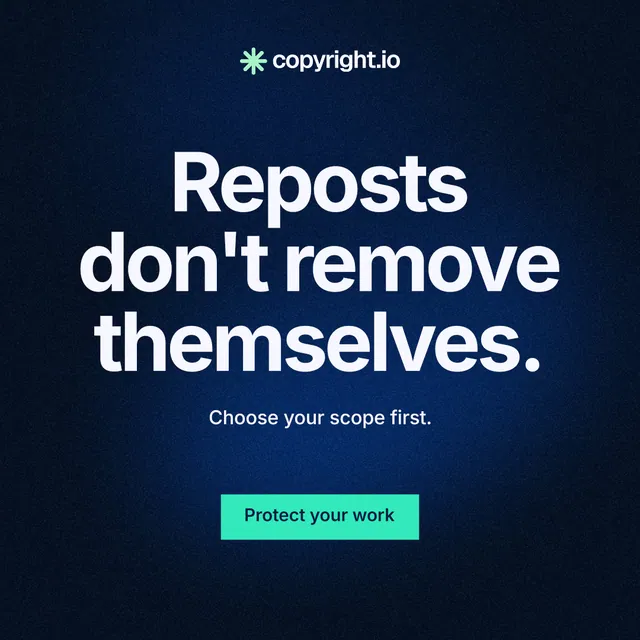 Instagram post for copyright.io: "Reposts don't remove themselves." Swiss style, centred layout, dark palette in blue, black.