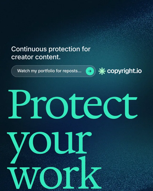 Instagram portrait post for copyright.io: "Reposts don't remove themselves." Agentic glass style, oversized layout, dark palette in blue, black, teal.