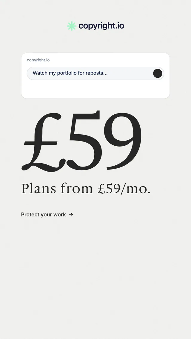 Instagram story for copyright.io: "Protect your work." Minimal luxury style, stat layout, light palette in white, grey.