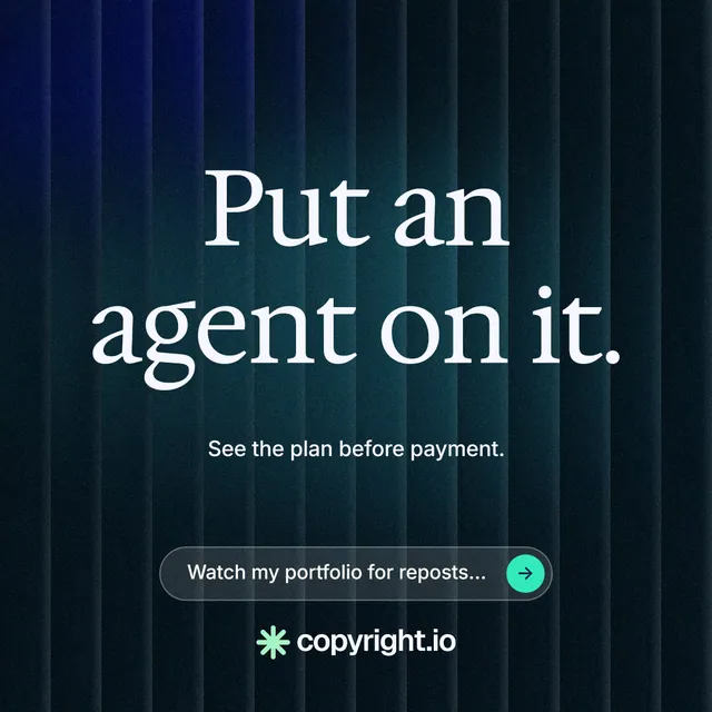 Instagram post for copyright.io: "Put an agent on it." Agentic glass style, centred layout, dark palette in black, blue.