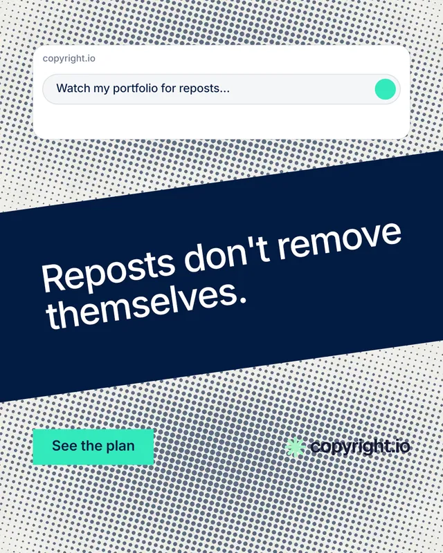 Instagram portrait post for copyright.io: "Reposts don't remove themselves." Swiss style, diagonal layout, light palette in grey, blue, white.