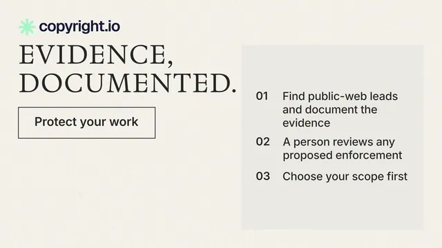 Landscape graphic for copyright.io: "Evidence, documented." Editorial style, skeleton layout, light palette in white, grey.