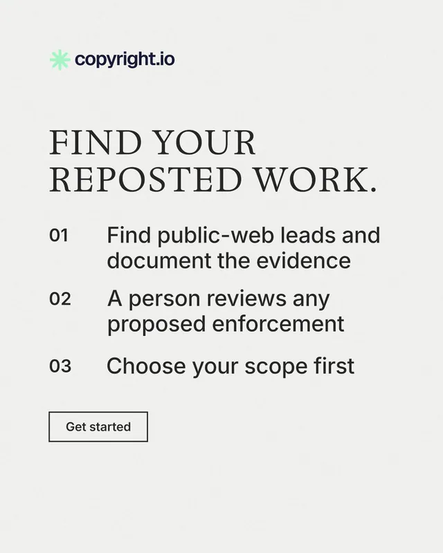 Instagram portrait post for copyright.io: "Find your reposted work." Editorial style, numbered layout, light palette in white.