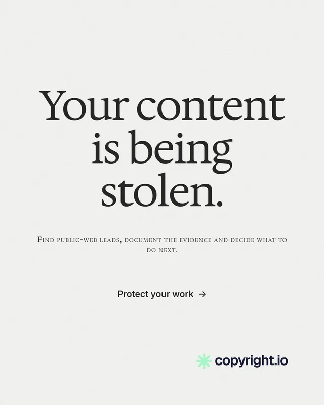 Instagram portrait post for copyright.io: "Your content is being stolen." Minimal luxury style, smallcaps layout, light palette in white.