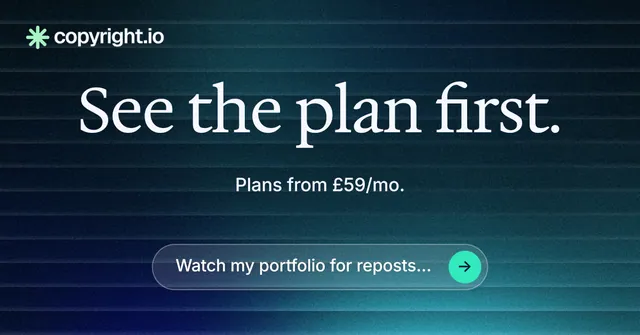Social ad for copyright.io: "See the plan first." Agentic glass style, centred layout, dark palette in blue, black, teal.