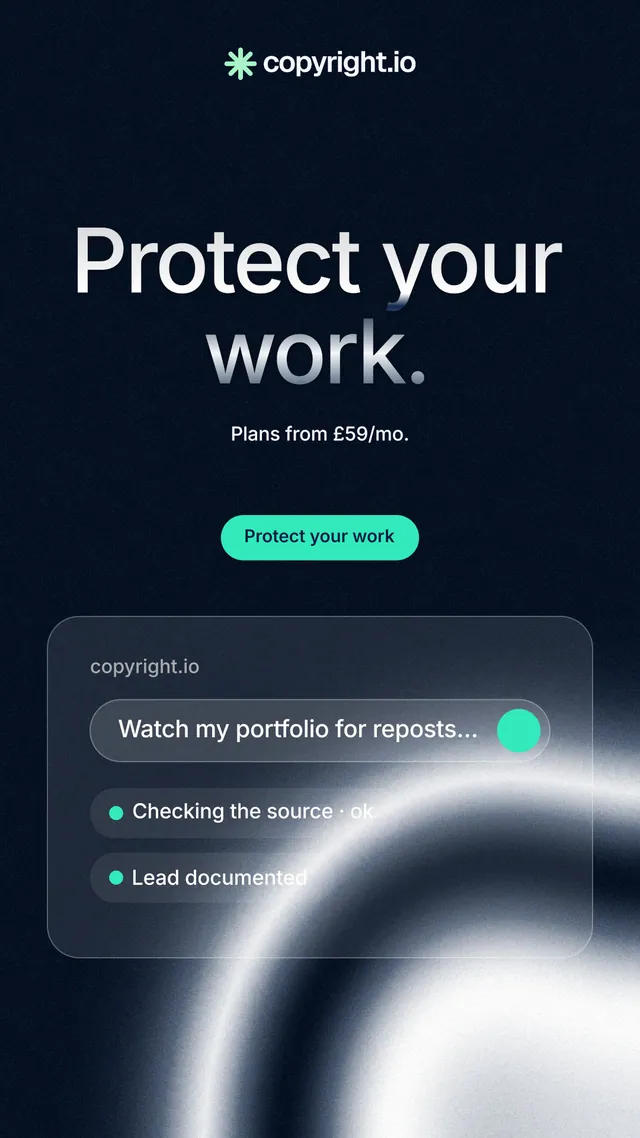 Instagram story for copyright.io: "Protect your work." Y2K style, centred layout, dark palette in black, blue, grey.