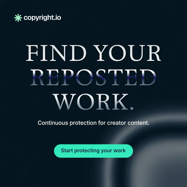 Instagram post for copyright.io: "Find your reposted work." Y2K style, centred layout, dark palette in black, teal, blue.