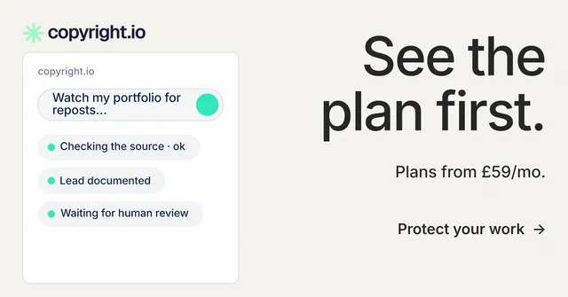 Social ad for copyright.io: "See the plan first." Minimal luxury style, right layout, light palette in white, grey.