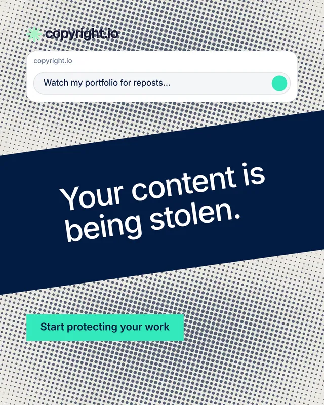 Instagram portrait post for copyright.io: "Your content is being stolen." Retro print style, diagonal layout, light palette in blue, grey, white.